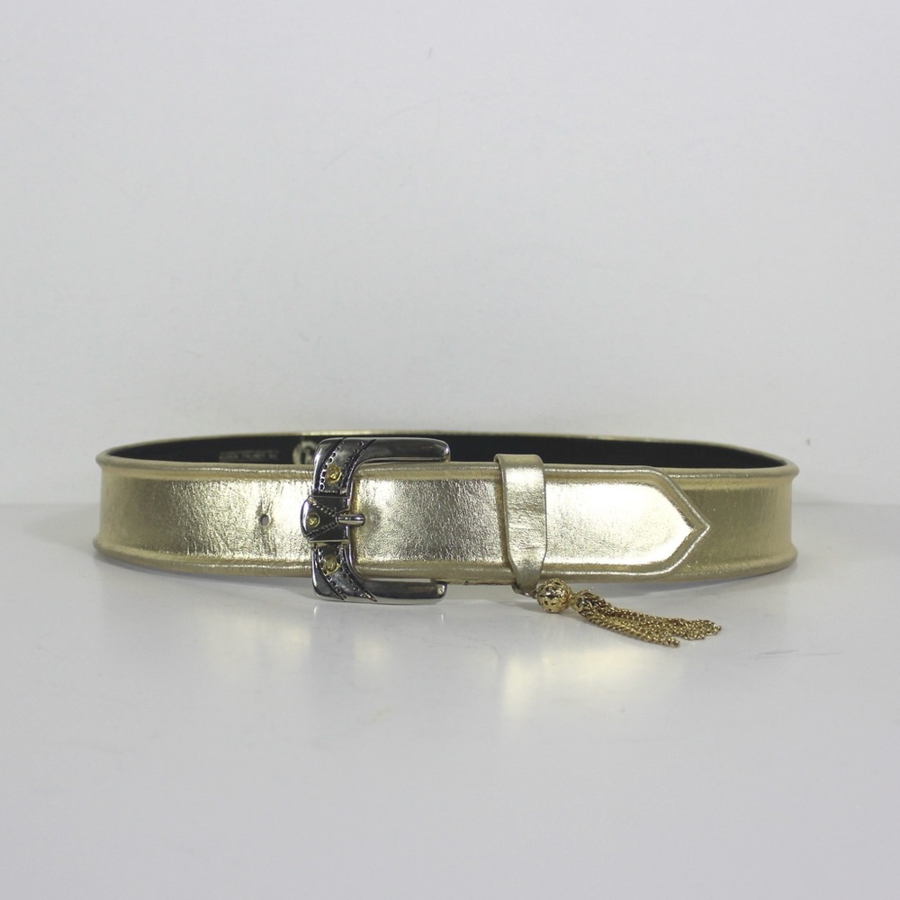 Eighties Gold Lamé Leather Belt with Gold Chain Tassel and Rhinestone Buckle